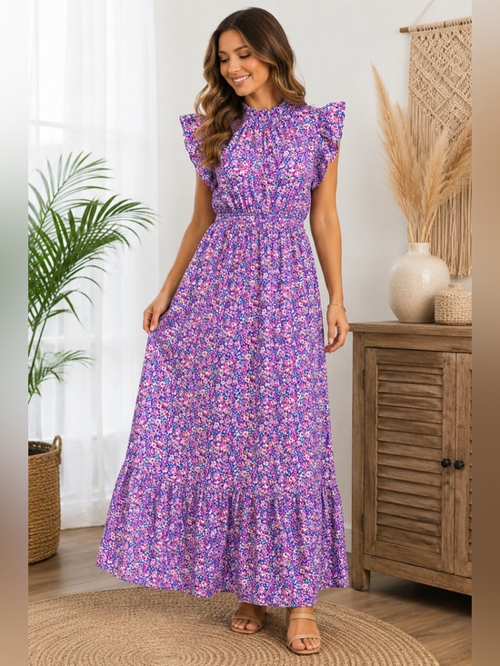 SHEIN Dresses & Skirts - SHEIN Floral Maxi Dress S Pink Blue Flutter Sleeve Cottagecore Boho